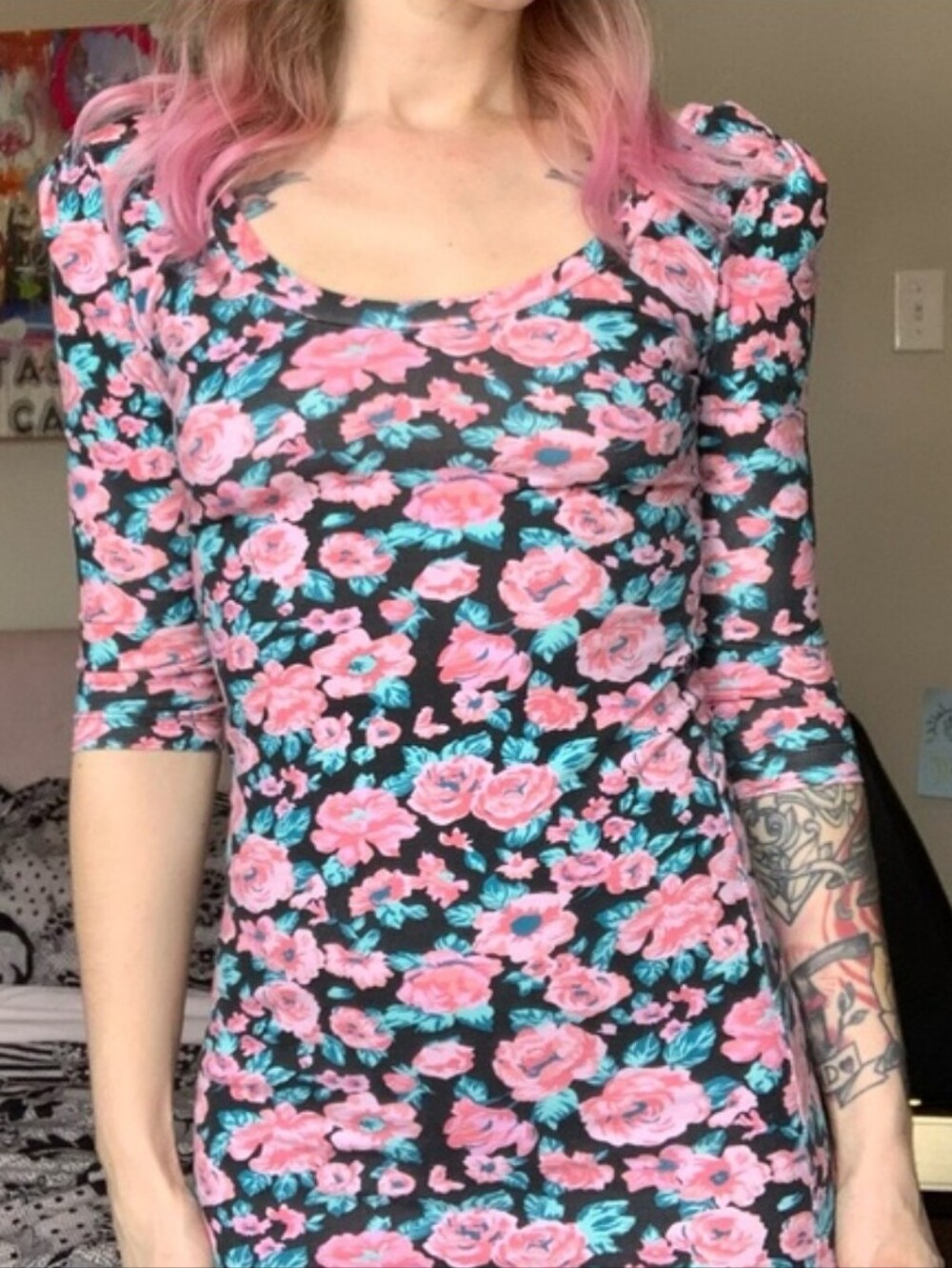 Vintage Pink Floral Scoop-Neck Mini Dress on Black Billabong Betsey Johnson Punk